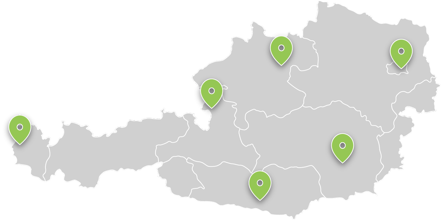 graue Karte von Österreich mit grünen Pins der VIVIVSOL Heimbehandlungs-Standorte