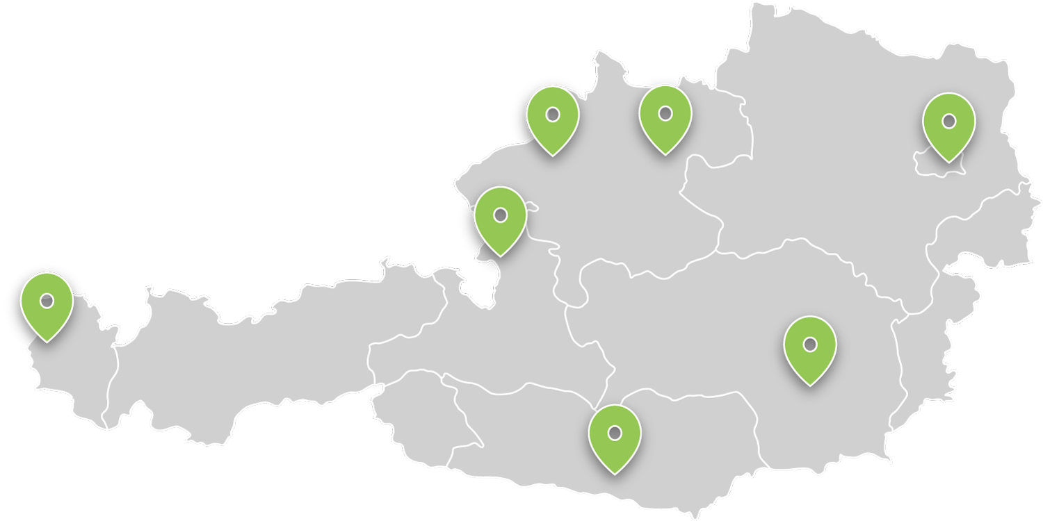 graue Karte von Österreich mit grünen Pins der VIVIVSOL Heimbehandlungs-Standorte