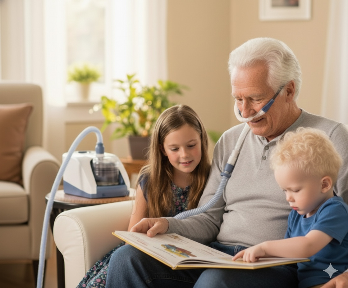 Ein glücklicher Großvater liest seinen Enkelkindern vor und genießt den Alltag dank diskreter High-Flow-Beatmung. Entdecken Sie individuelle Lösungen für mehr Lebensqualität mit Vivisol.